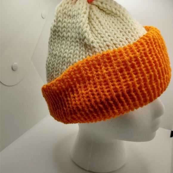 Handmade Hat Orange Ivory Unisex Winter Knit Warm Beanie Slouchy Ski Cap Pom Pom - Picture 4 of 7